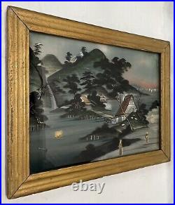 Antique Japanese Reverse Painting On Glass People Lake Boat Original Frame (#2)