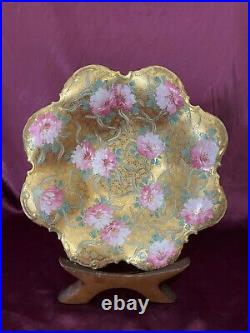 Antique Japanese Royal Nippon Hand Painted Gilt Moriage Floral Ruffle Bowl 1880s