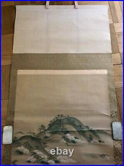 Antique Japanese Scroll Ink And Color Landscape Painting On Paper With Signed