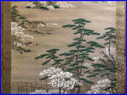 Antique Japanese Scroll Ink And Color Landscape Painting On Paper With Signed