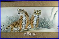 Antique Japanese Showa Era Signed Framed Painting Of Two Tigers With Bamboo