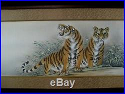 Antique Japanese Showa Era Signed Framed Painting Of Two Tigers With Bamboo
