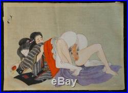 Antique Japanese Shunga erotic art painting on silk 1880s Meiji original