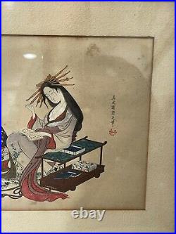 Antique Japanese Signed Ink & Watercolor Painting of 2 Women Reading