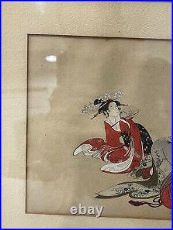 Antique Japanese Signed Ink & Watercolor Painting of 2 Women Reading