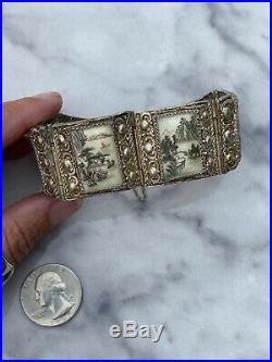 Antique Japanese Silver Filigree Hand-Etched and Painted Bone Bracelet Landscape