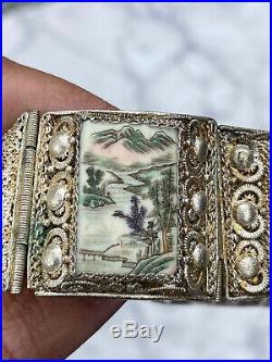 Antique Japanese Silver Filigree Hand-Etched and Painted Bone Bracelet Landscape