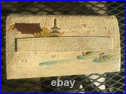 Antique Japanese Themed Hand Painted Tooled Leather Wallet Clutch Purse Japanese