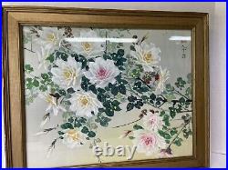 Antique Japanese Ukiyo-e Silk Woodblock Roses Painting