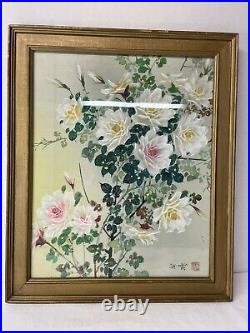 Antique Japanese Ukiyo-e Silk Woodblock Roses Painting