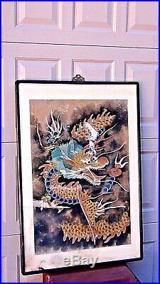 Antique Japanese Watercolor On Paper Flying Dragon Scroll Painting, Framed