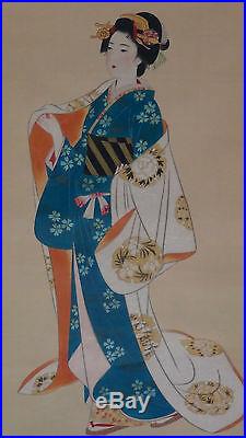 Antique Japanese Watercolor On Silk Scroll Painting Of Geisha, Red Seal, Framed