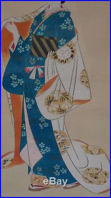Antique Japanese Watercolor On Silk Scroll Painting Of Geisha, Red Seal, Framed