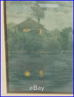 Antique Japanese Watercolor Painting Tokusaboro Kobayashi Nocturne Harbor