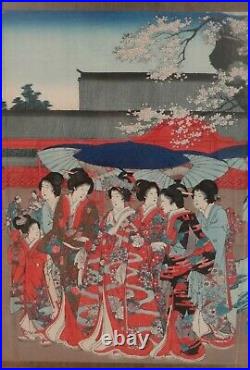 Antique Japanese Woodblock Triptych of a group of Geishas, Meiji, 27 ¼ x 14 3/4