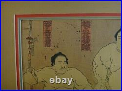 Antique Japanese Woodblock of Sumo Wrestlers. 17 ¾ x 13. Signed