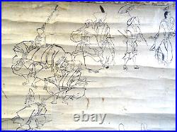 Antique Japanese drawing makimono figures scroll distressed condition ink paper