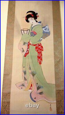 Antique Japanese hanging scroll Geisha with lantern