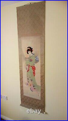 Antique Japanese hanging scroll Geisha with lantern