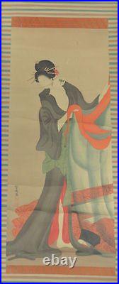 Antique Japanese or Korean Scroll painting on Silk Lady Geisha