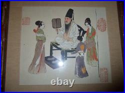Antique Japanese painting Man with 3 Geisha red stamps sign faux bamboo frame