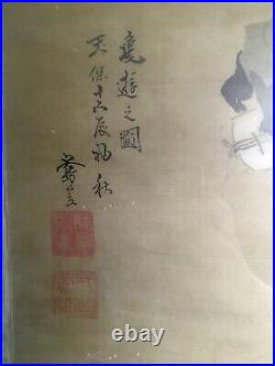 Antique Japanese watercour on silk Hokusai School Edo period Framed Signed Seals