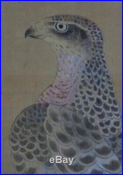 Antique Japanese white Taka falconry Edo art painting 1750s Japan craft