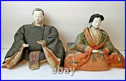 Antique Meiji Period Gofun Painted Wood Japanese Hina Emperor & Empress Dolls