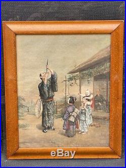 Antique Meiji Period Japanese Watercolour On Fabric The Bird Caller