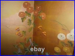 Antique Original Japanese four panel screen painting signed