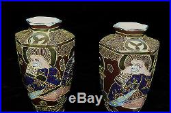 Antique Pair Japanese Porcelain Satsuma Vases Hallmarked Hand Painted Moriage
