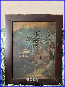 Antique Pair Japanese Relief Paintings Meiji Period Laquer Frame Mt Fuji Asian
