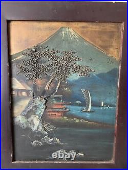 Antique Pair Japanese Relief Paintings Meiji Period Laquer Frame Mt Fuji Asian