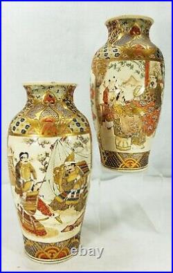 Antique Pair Japanese Satsuma Vases with Samurai Warriors Finely Painted