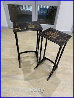 Antique Pair Tables Japanese Lacquered Nest 2 Stands 1910s 1920s Hand Painted