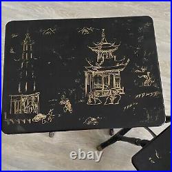 Antique Pair Tables Japanese Lacquered Nest 2 Stands 1910s 1920s Hand Painted