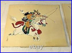 Antique Pair of Japanese Asian Paintings on silk Warrior on Horseback