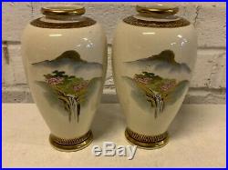 Antique Pair of Japanese Satsuma Porcelain Vases with Painted Mt. Fuji Dec