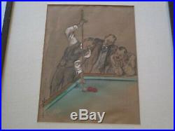 Antique Pool Hall Billiards Player Painting Portrait Japanese Chinese Signature