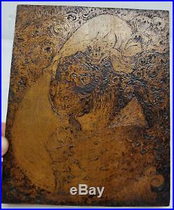 Antique Pyrography Signed Japanese Aesthetic Painting Demon Oni Wood Carving