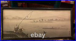 Antique Rare Woodblock Yamamoto Shoun Fishing by the River