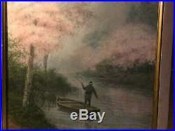 Antique Signed Japanese Painting of Man Rowing Boat Kyoto Cherry Blossoms 1920s