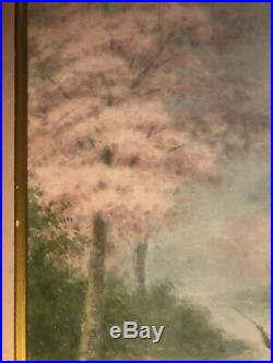 Antique Signed Japanese Painting of Man Rowing Boat Kyoto Cherry Blossoms 1920s