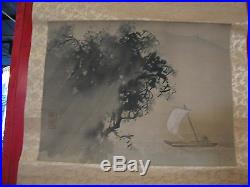 Antique Signed / Marked Japanese Scroll Painting of a Man on a Boat