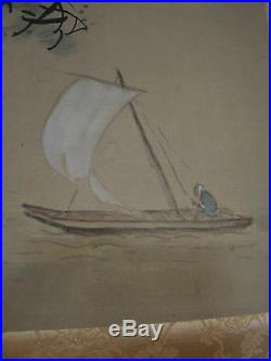 Antique Signed / Marked Japanese Scroll Painting of a Man on a Boat