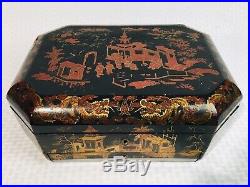 Antique Victorian Japanese Lacquer Sewing Box Chest Hand Painted With Key Signed