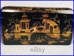 Antique Victorian Japanese Lacquer Sewing Box Chest Hand Painted With Key Signed
