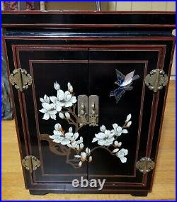 Antique Vintage Asian Hand-Painted Black Lacquer Floral Table With Storage