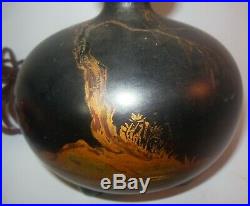 Antique Vintage Asian JAPANESE black Wood Ball Lamp Hand painted Scenes