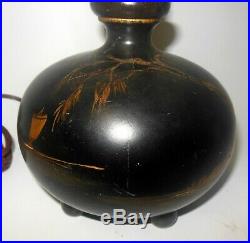 Antique Vintage Asian JAPANESE black Wood Ball Lamp Hand painted Scenes